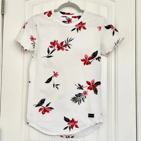 Hollister Men Longline Curved Hem Floral Pattern White Short Sleeve T-Shirt - XS - Picture 7 of 10